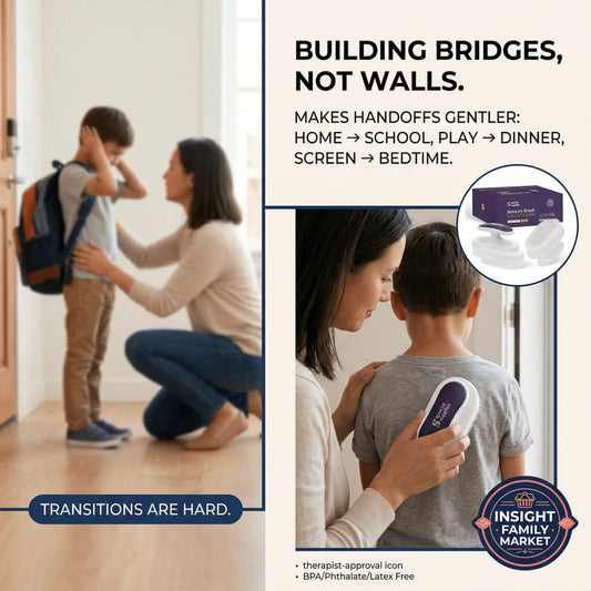Mom helping child with sensory brush during stressful transition, sensory-friendly support tool
