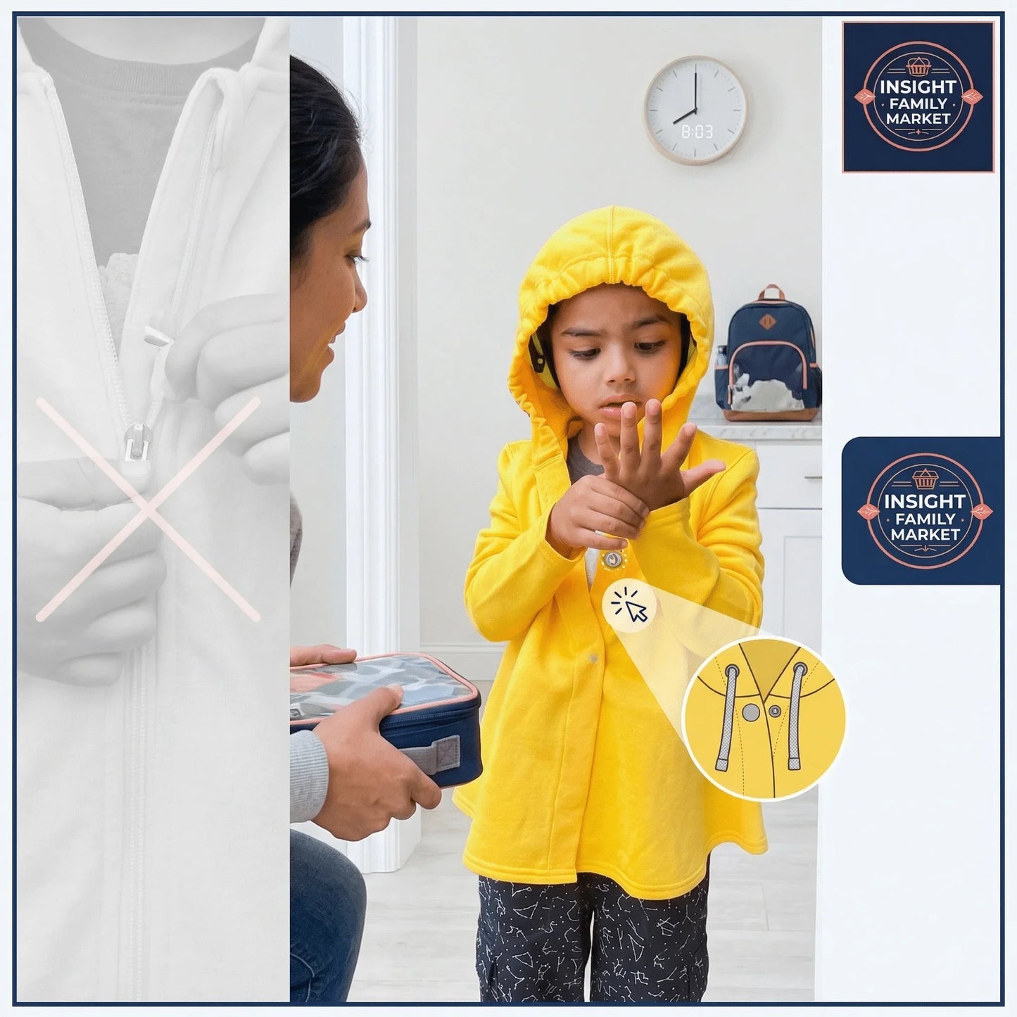 Child in yellow sensory-friendly hoodie using magnetic buttons instead of a zipper, morning routine setting.