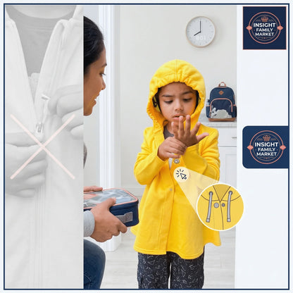 Child in yellow sensory-friendly hoodie using magnetic buttons instead of a zipper, morning routine setting.