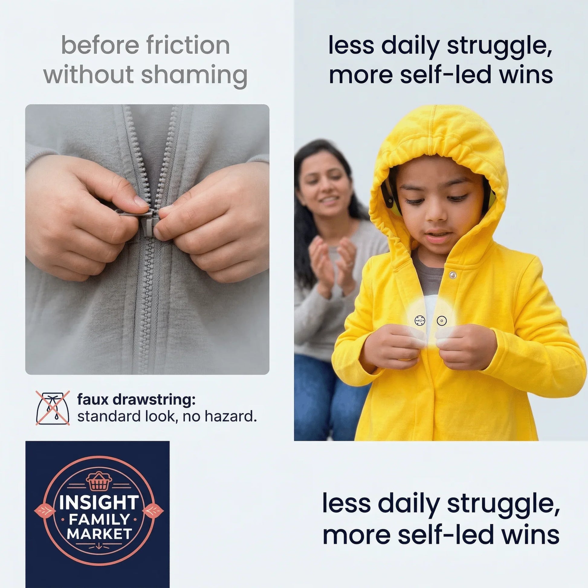 Child in yellow sensory-friendly hoodie using magnetic fasteners, with adult support in background