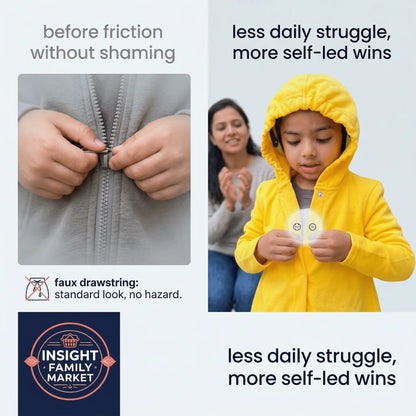 Child in yellow sensory-friendly hoodie using magnetic fasteners, with adult support in background