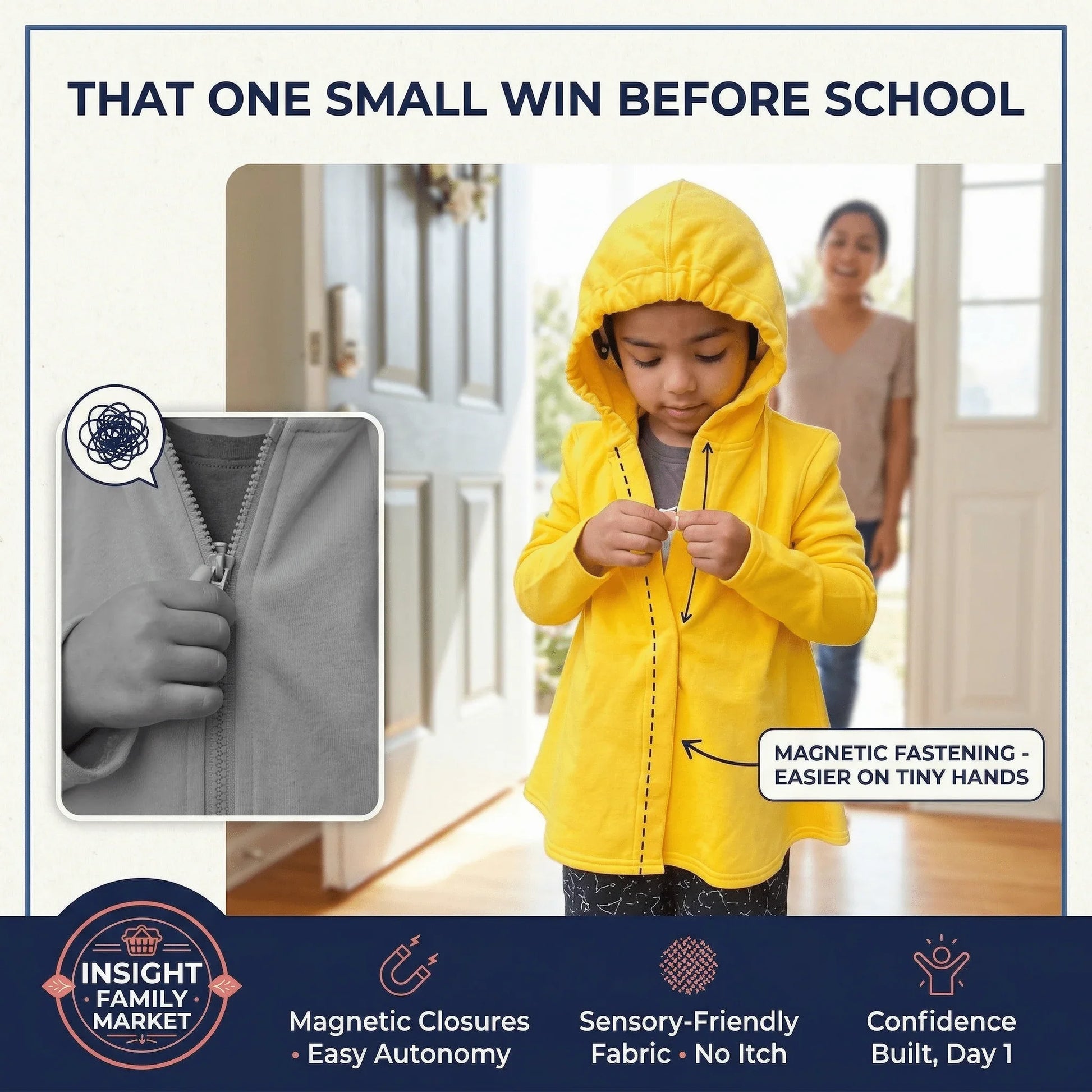 Child in yellow sensory-friendly hoodie with magnetic closure, zipping up near front door, adult in background.