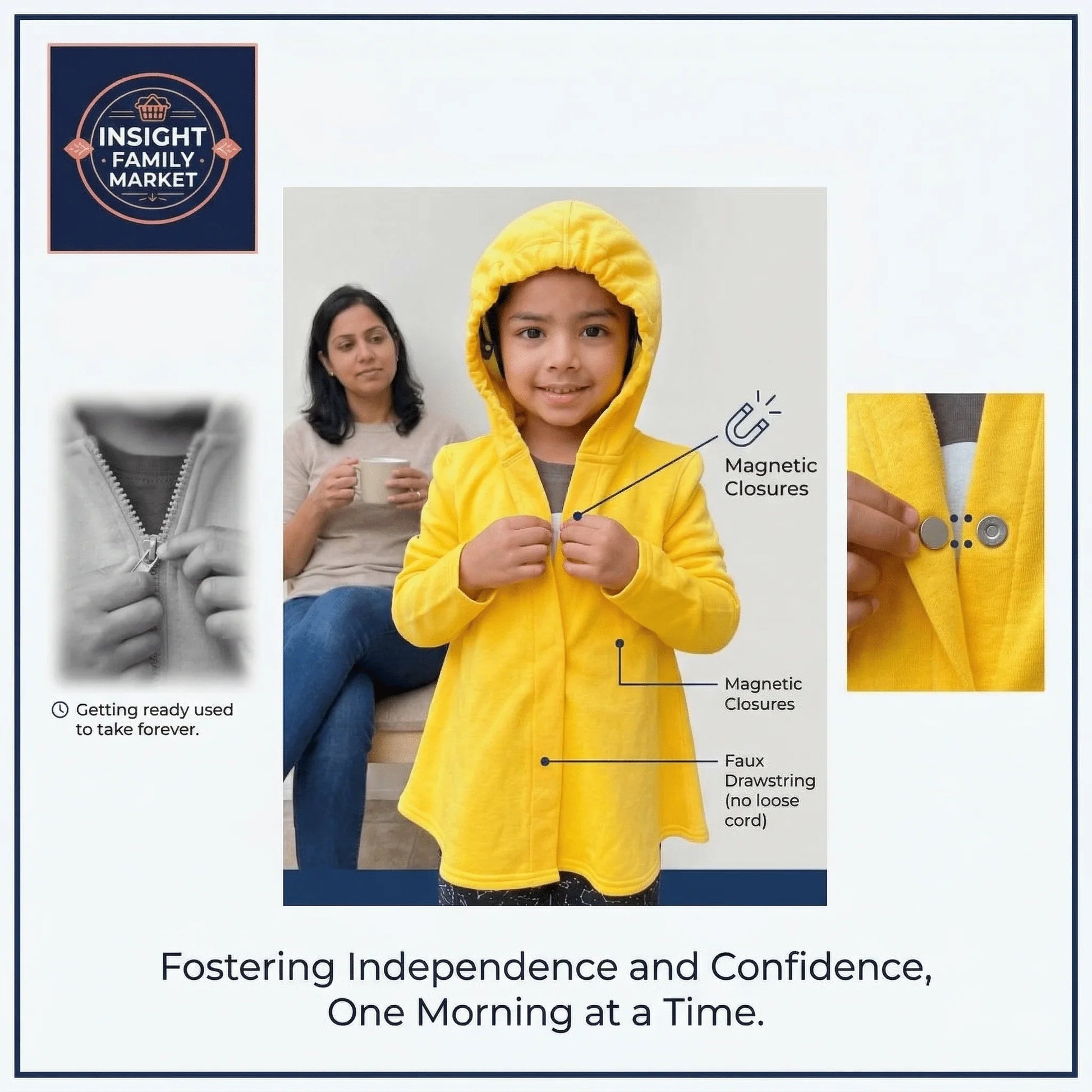 Child in yellow sensory-friendly hoodie with magnetic closures, promoting independent dressing.