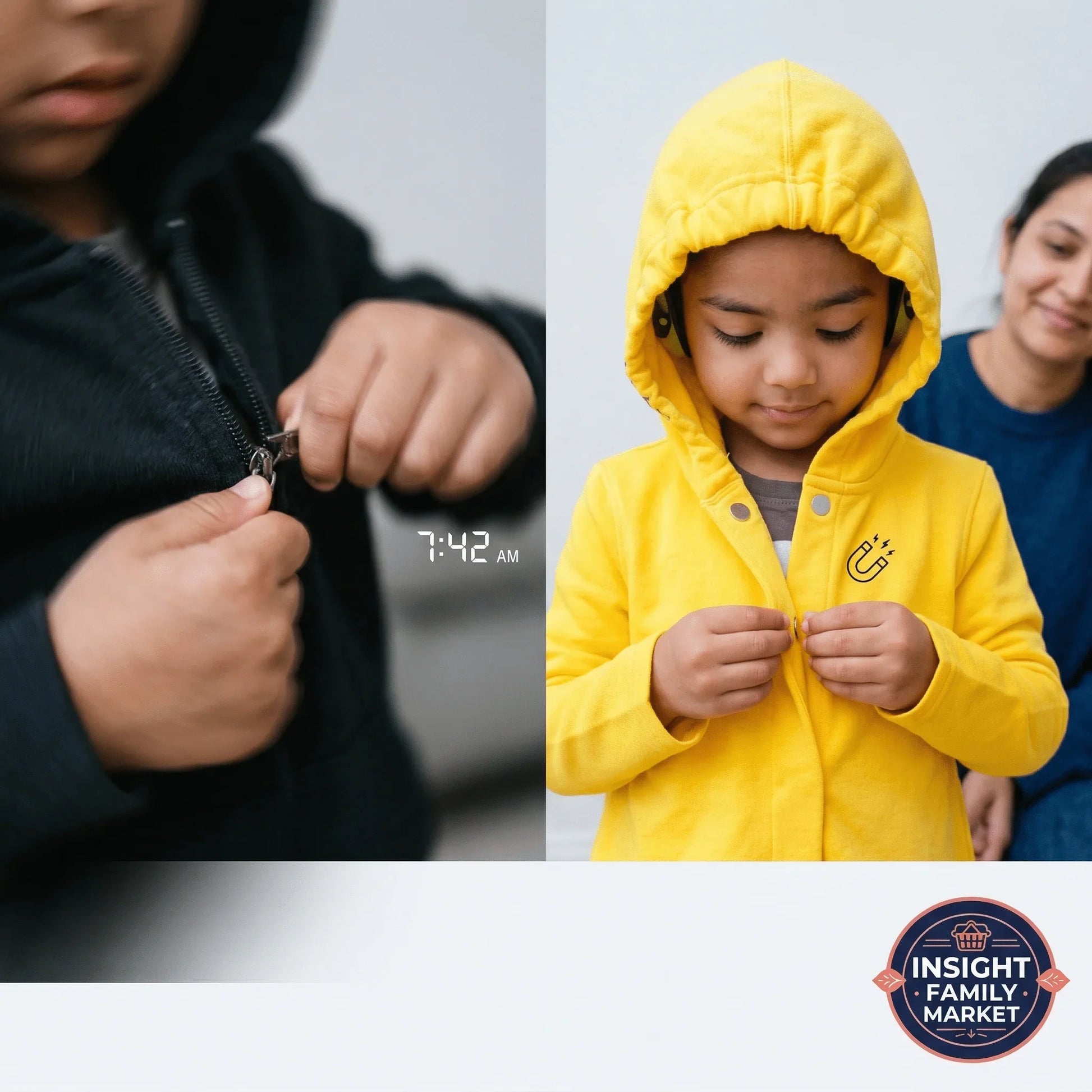 Child zipping sensory-friendly black hoodie, child buttoning yellow magnetic jacket, morning routine.