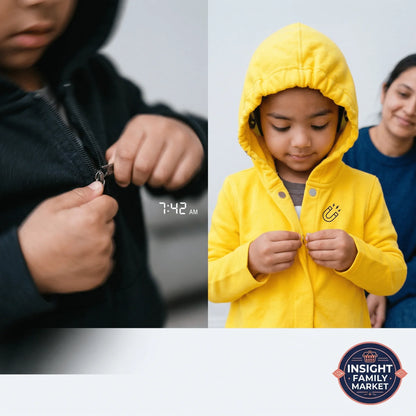 Child zipping sensory-friendly black hoodie, child buttoning yellow magnetic jacket, morning routine.