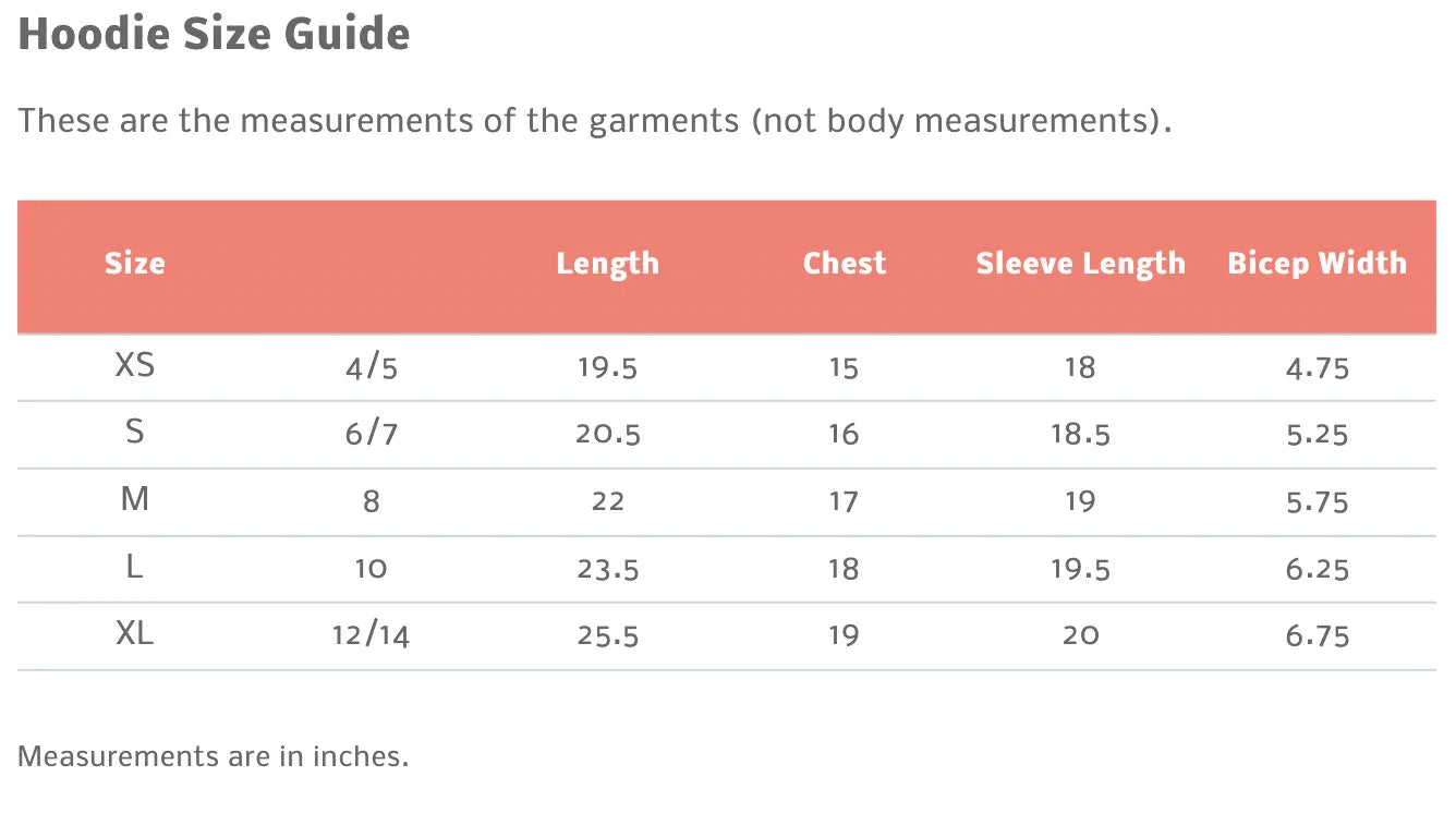 Hoodie size guide chart with XS to XL garment measurements in inches for length, chest, sleeve, and bicep.