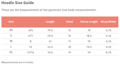 Hoodie size guide chart with XS to XL garment measurements in inches for length, chest, sleeve, and bicep.