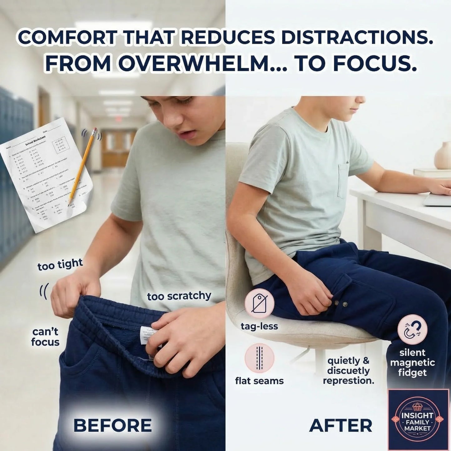 Before and after comparison of a child wearing pants with discomfort issues and improved comfort features.