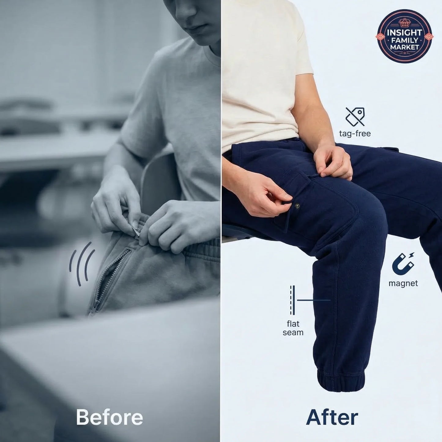Before and after comparison of a person wearing pants with text labels on a light blue background.