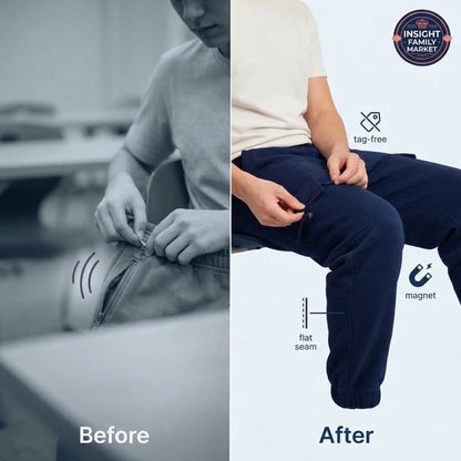 Before and after comparison of a person wearing pants with text labels on a light blue background.