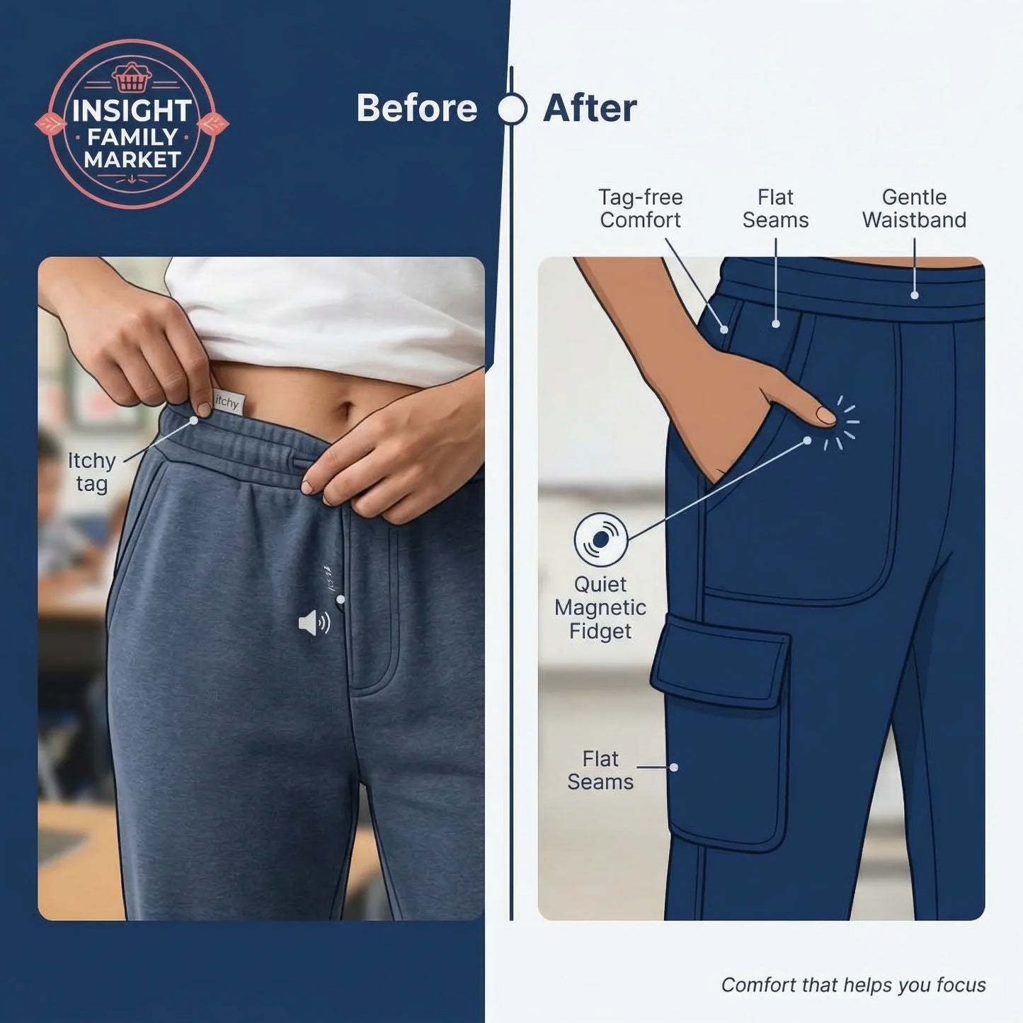 Before and after comparison of pants with comfort features highlighted, featuring Insight Family Market branding.