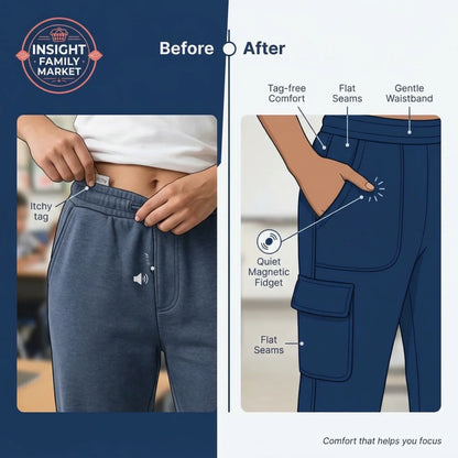 Before and after comparison of pants with comfort features highlighted, featuring Insight Family Market branding.