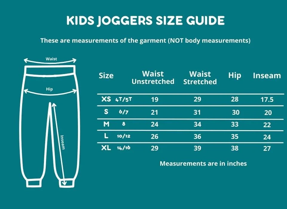 Kids joggers size guide chart with waist, hip, inseam measurements and illustration.