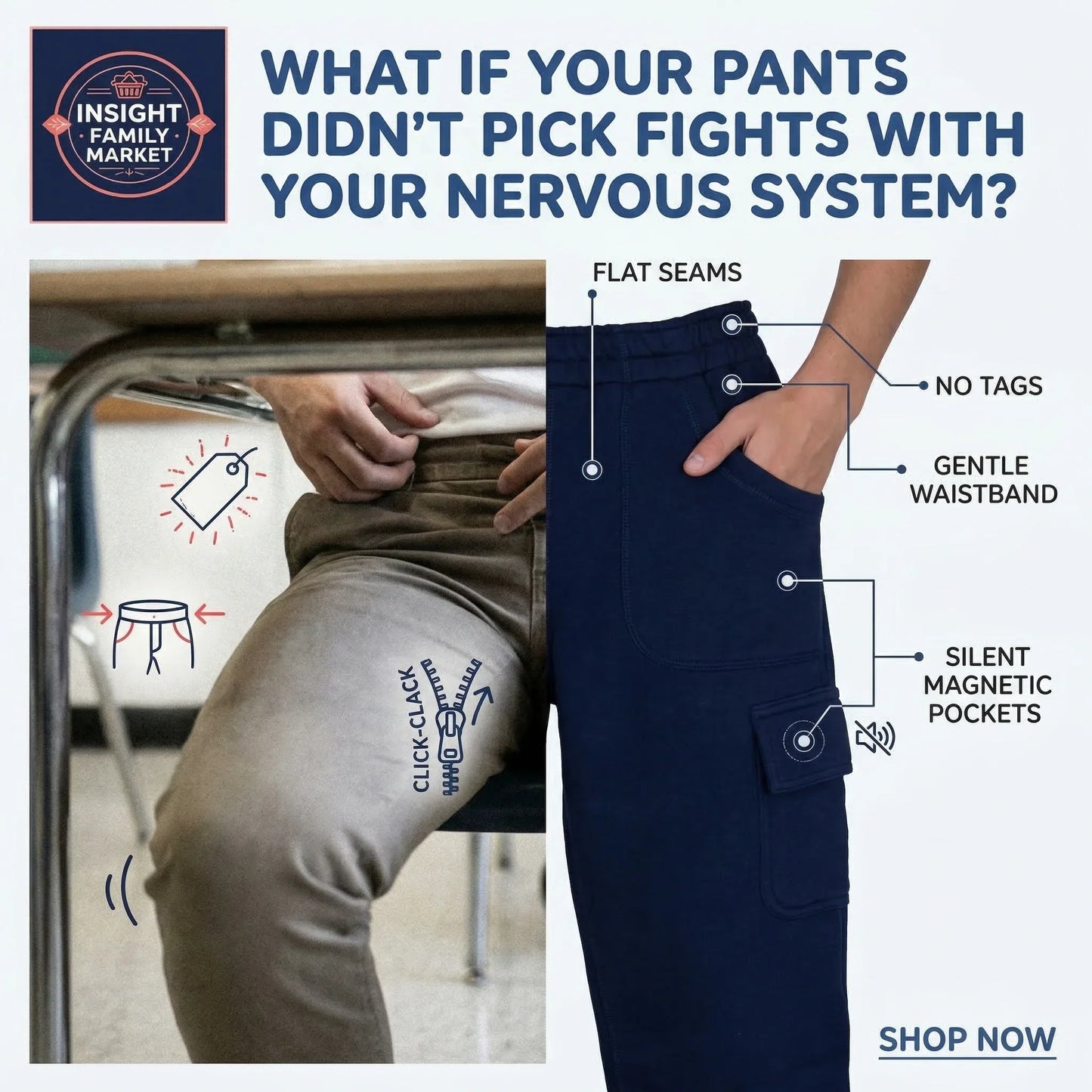 Promotional graphic for pants with features highlighted and a call to action to shop now.