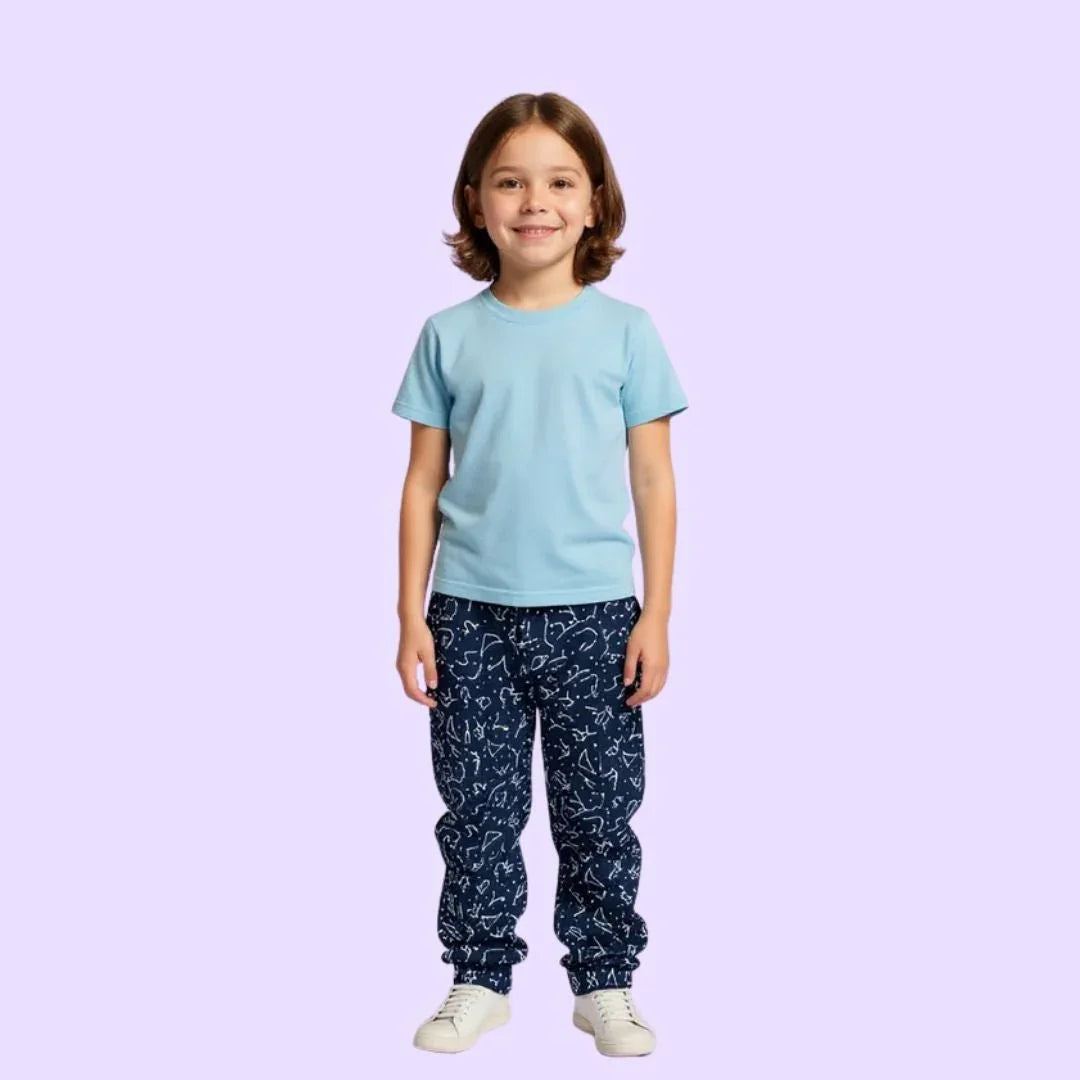 Smiling child in sensory-friendly blue t-shirt and navy patterned pants for kids