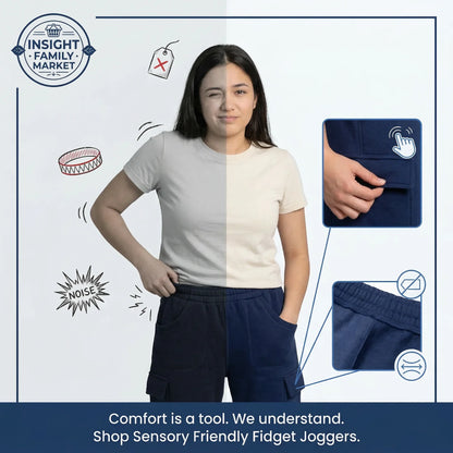 Woman wearing navy jogger pants with sensory-friendly fidget features, surrounded by icons and text about comfort.