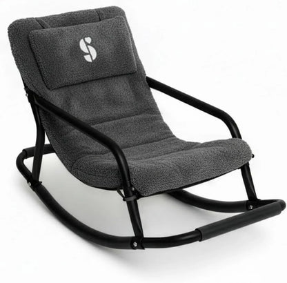 Comfortable sensory rocking chair with dark gray textured fabric and black metal frame