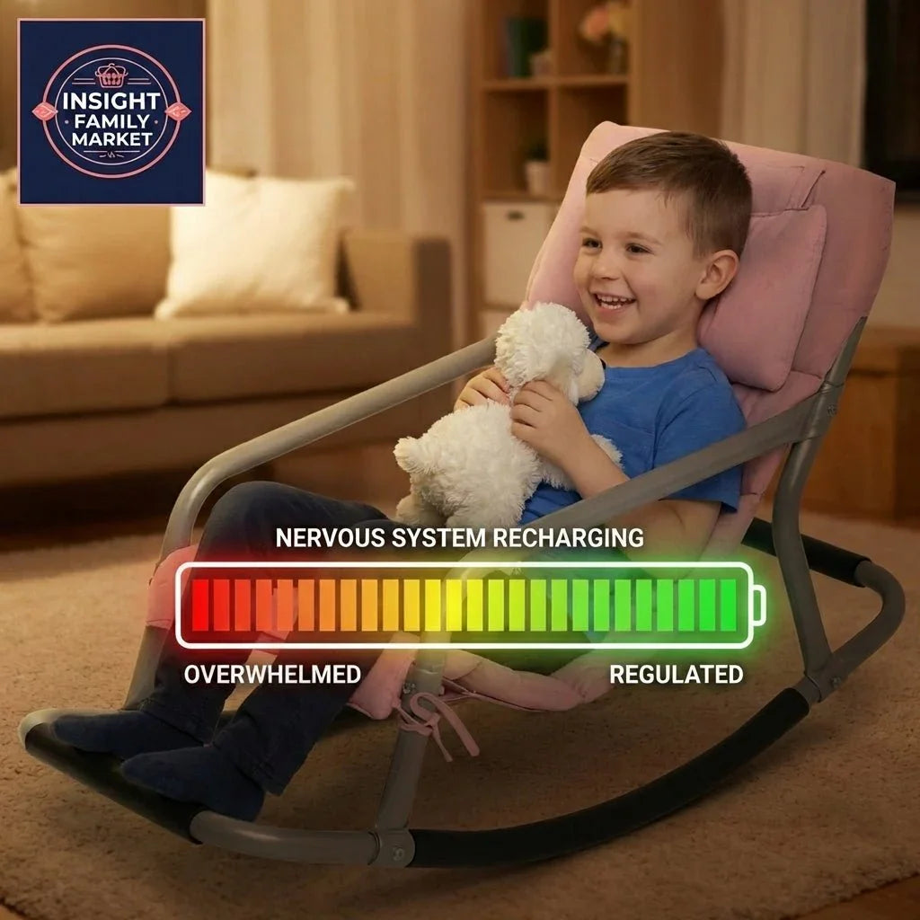Smiling boy in sensory rocking chair holding plush toy, nervous system recharging graphic overlay.