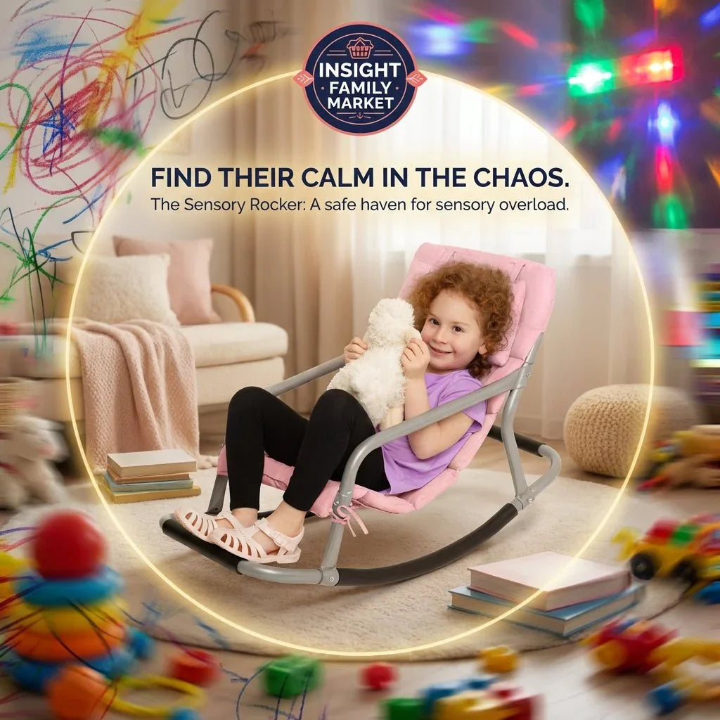 Child in sensory rocker chair hugging plush toy in cozy, colorful, sensory-friendly room
