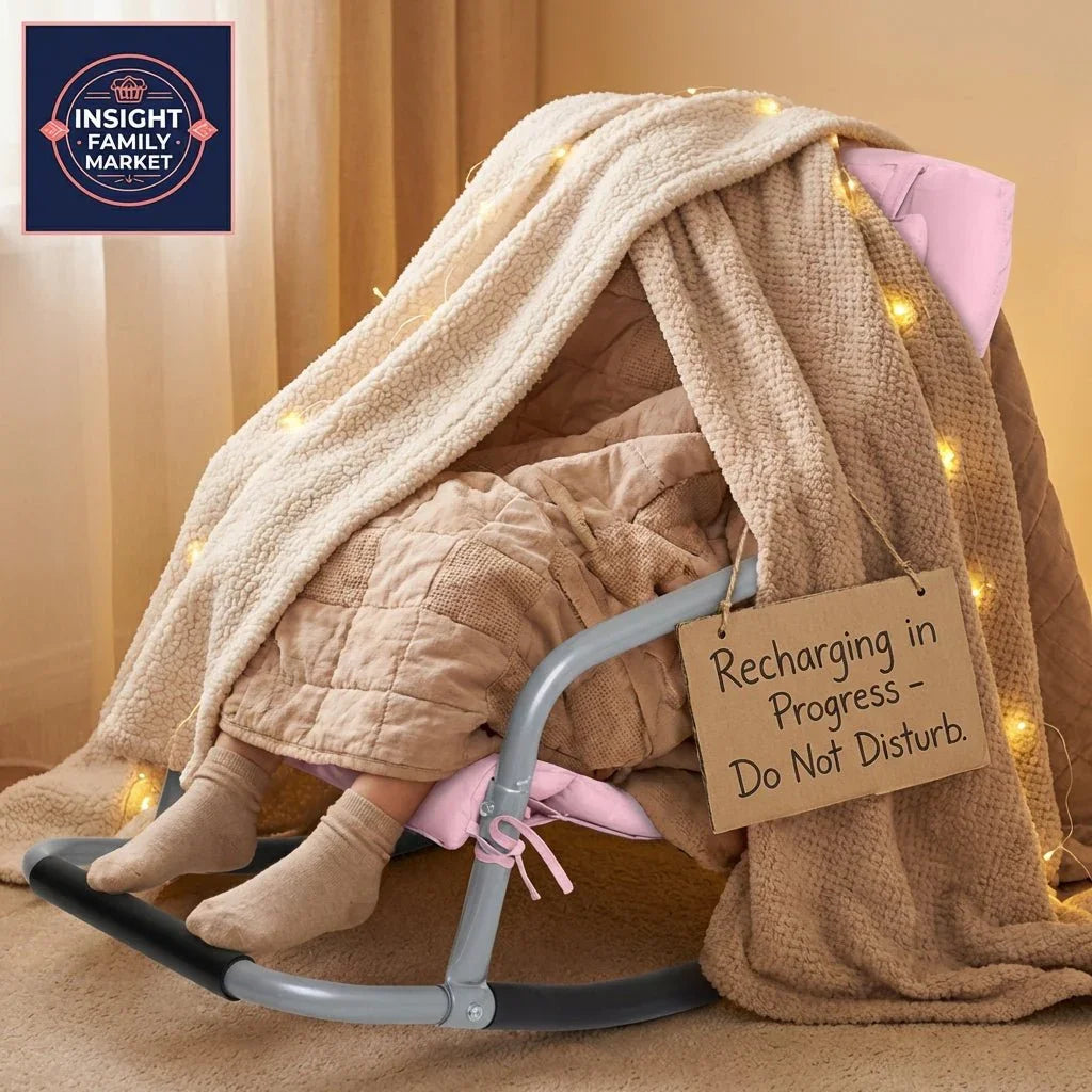 Child cozy in sensory-friendly blanket on rocking chair, sign says 'Recharging in Progress'