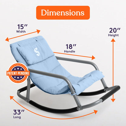 Light blue sensory-friendly rocking chair with dimensions labeled, patent pending badge