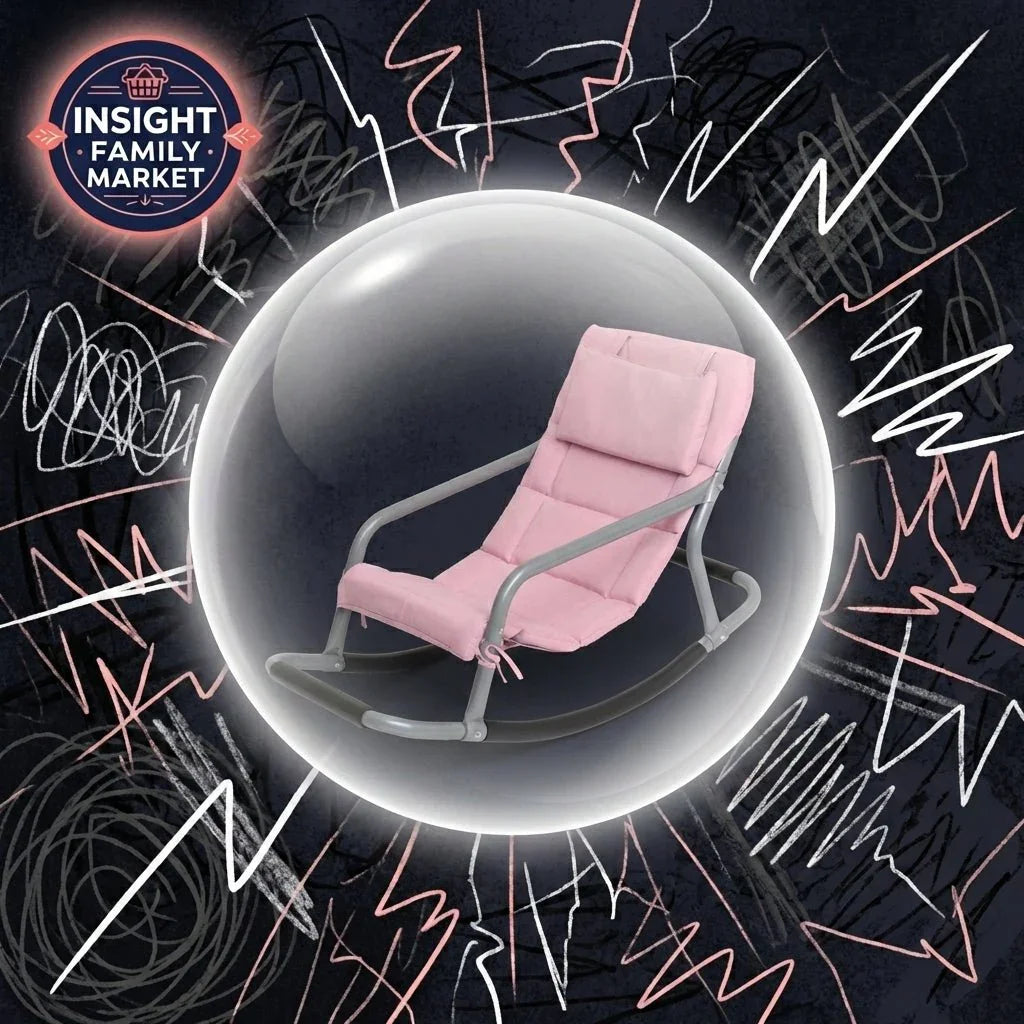 Sensory-friendly pink rocking chair in a bubble against a chaotic, scribbled background