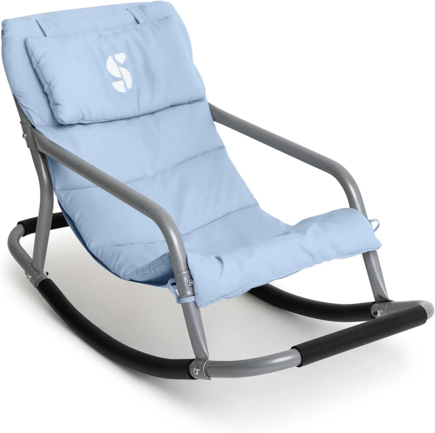 Light blue sensory rocking chair with padded seat and sturdy metal frame