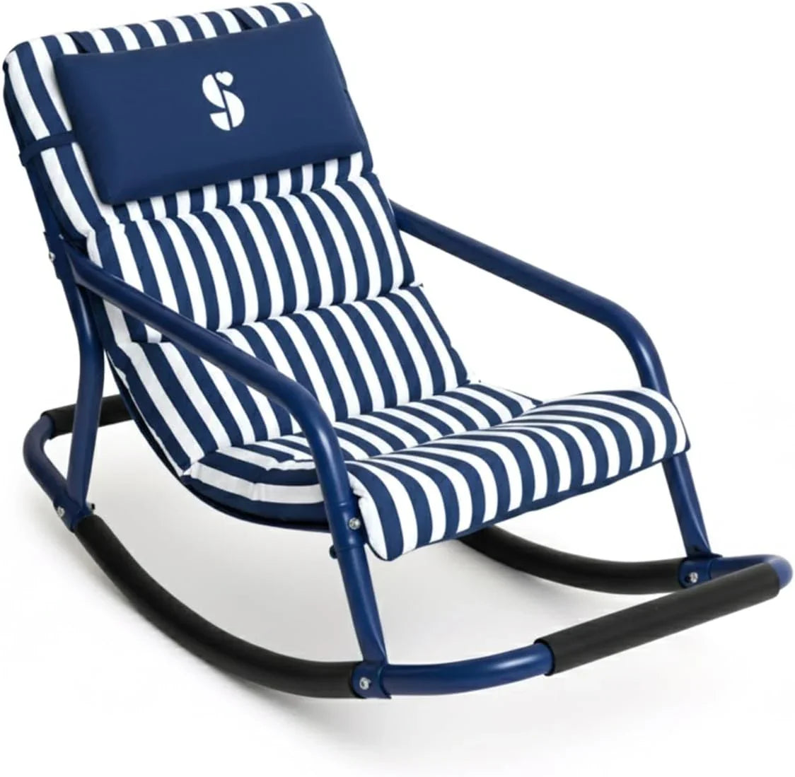 Navy blue and white striped sensory rocking chair with cushioned seat and backrest