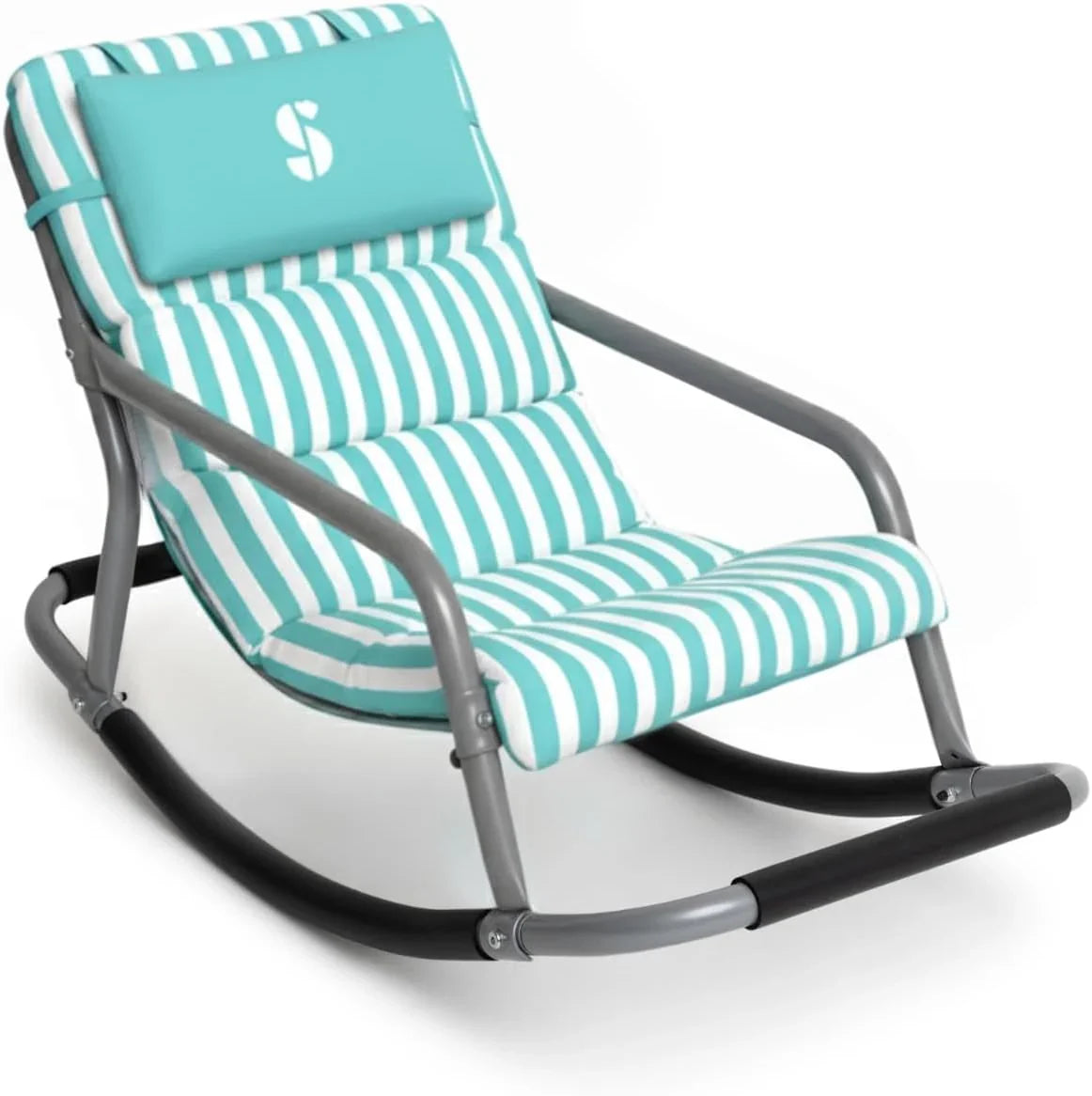 Teal and white striped sensory-friendly rocking chair with cushioned headrest