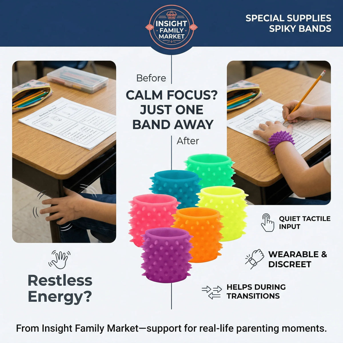 Child in classroom using colorful spiky bands for focus and tactile input support.
