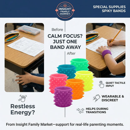 Child in classroom using colorful spiky bands for focus and tactile input support.