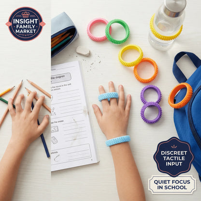Child using  fidget bracelets and pencils at a desk with schoolwork and backpack