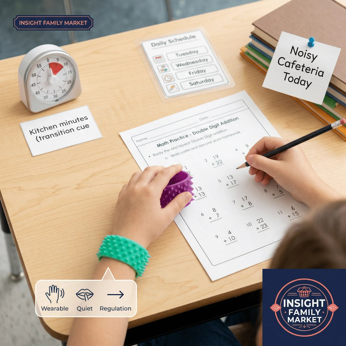 Neurodiverse child using  fidget tool at desk with visual cues and math worksheet