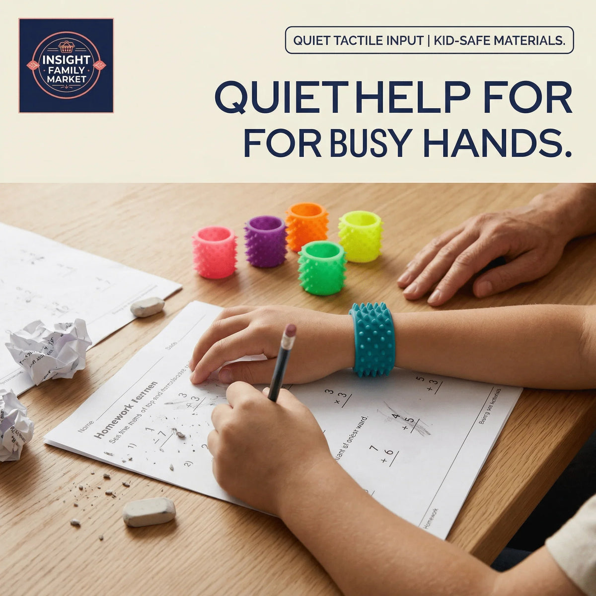 Child wearing blue  bracelet, doing homework with colorful tactile fidget bands on desk.