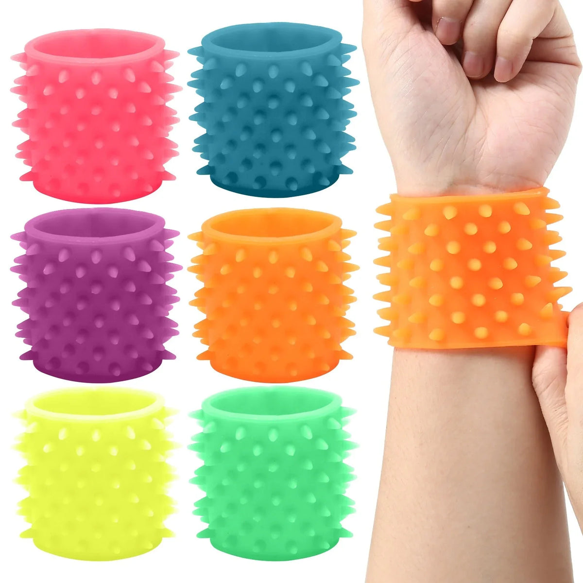 Colorful spiky silicone bracelets for fidgeting, one worn on wrist