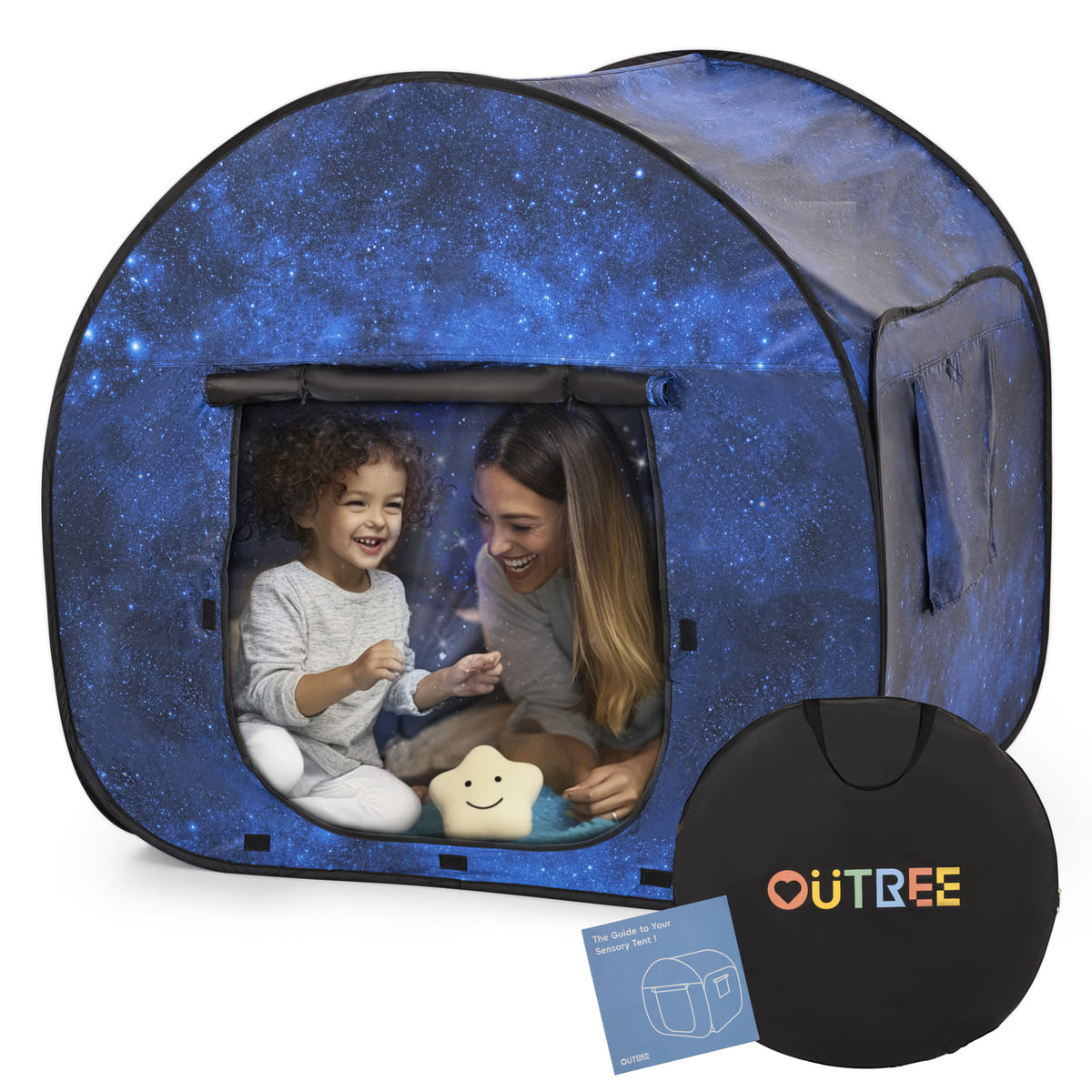 Blue play tent with starry design, featuring a woman and child inside, with Outree branding.
