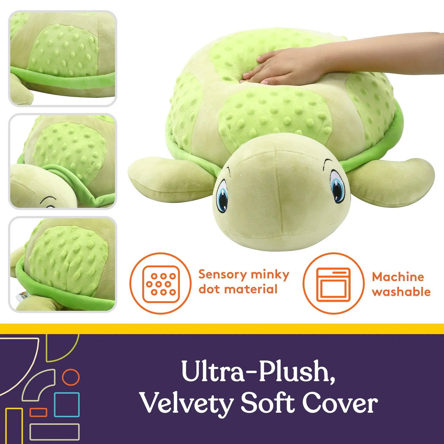 Plush turtle pillow with green minky dot sensory material, machine washable, ultra-soft texture.