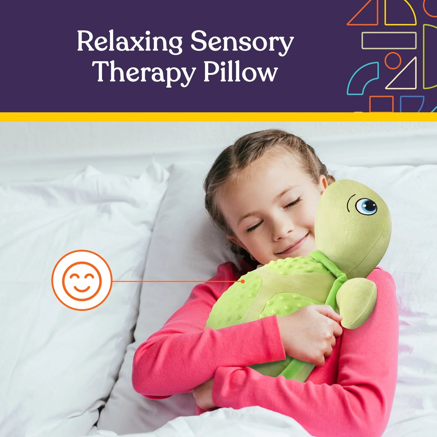 Child hugging green sensory turtle pillow in bed, relaxing sensory therapy for kids