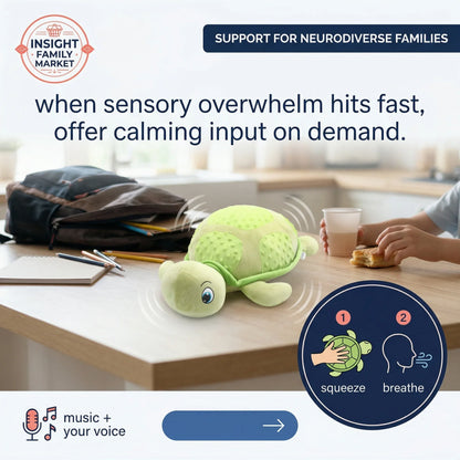 Tortoise-shaped toy on a table with text about support for neurodiverse families and calming input.