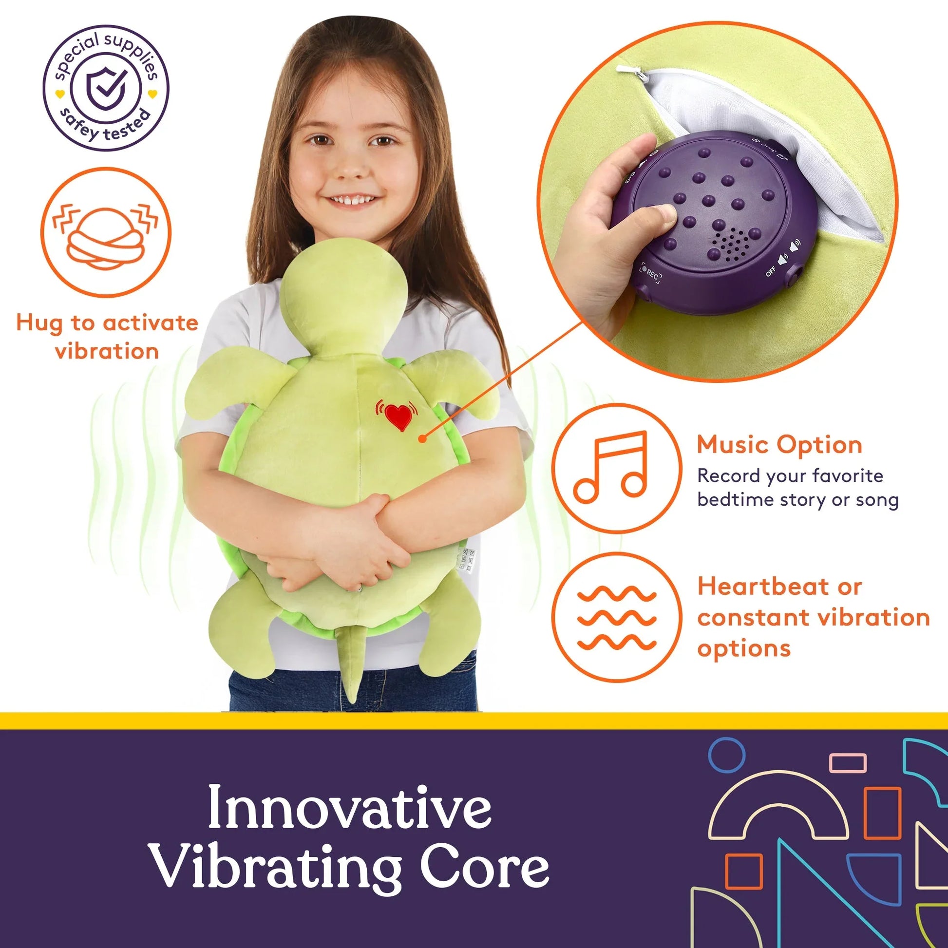 Child hugging green turtle plush with vibrating core, sensory-friendly, music and vibration options