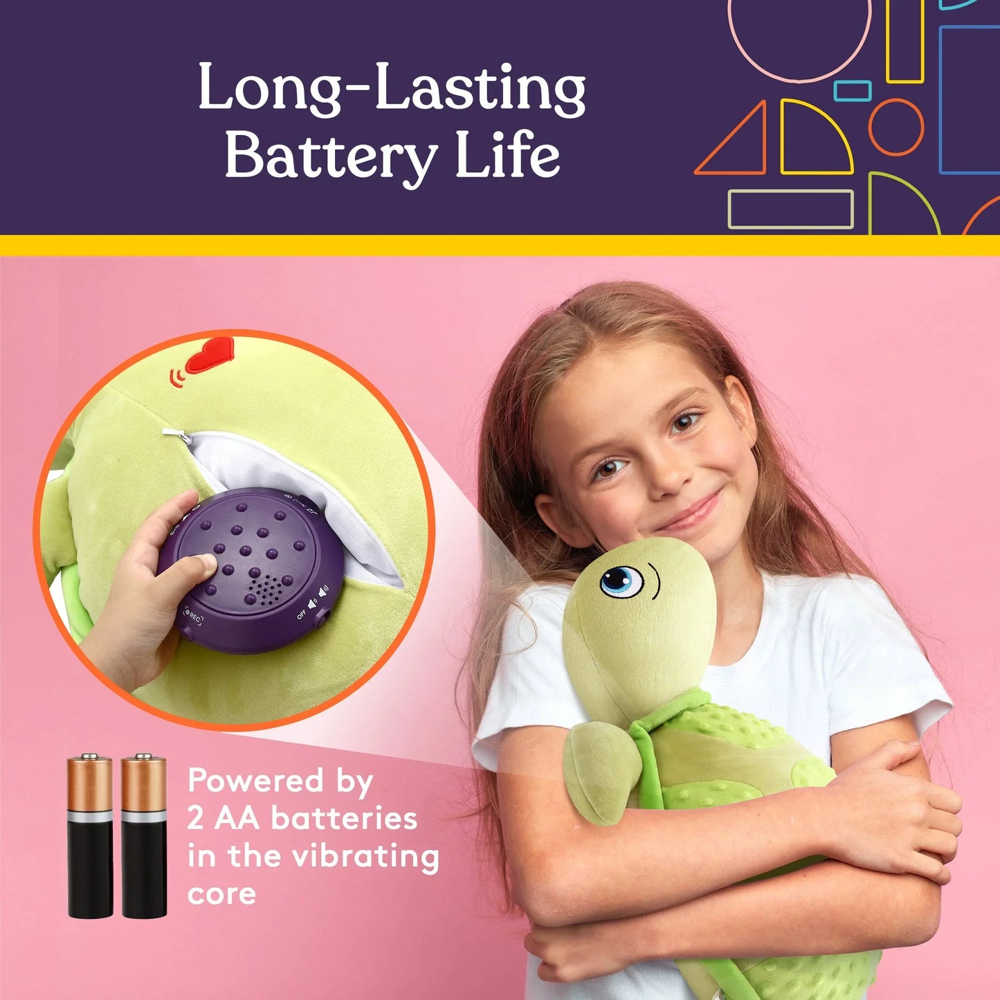 Girl hugging green turtle plush with battery-powered vibrating sensory core, long-lasting battery life