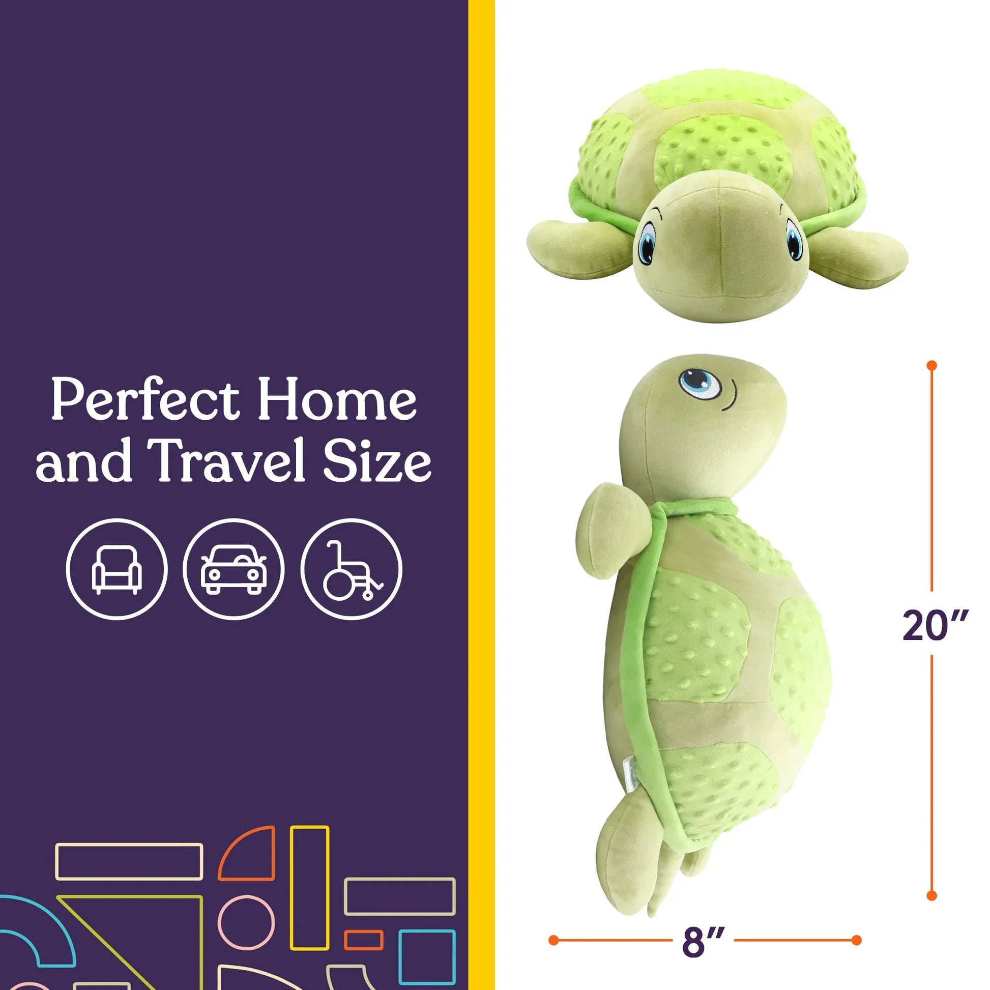 Green sensory-friendly turtle plush toy, 20 inches long, ideal for home or travel support.