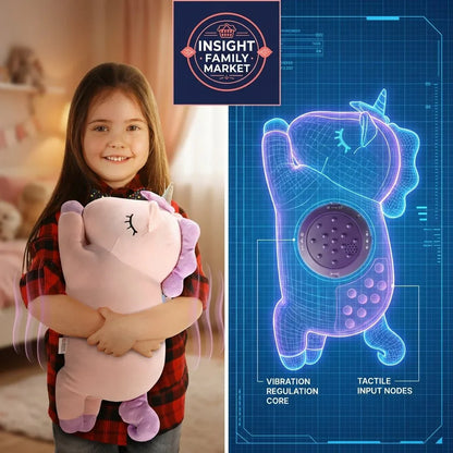 Child hugging a pink sensory comfort plush unicorn with vibration and tactile features.