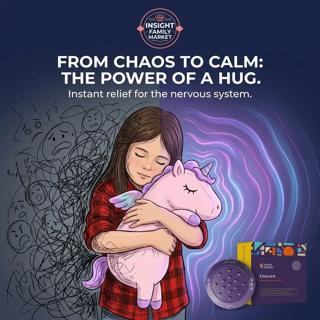 Child hugging a plush unicorn sensory pillow with calming background and product packaging.