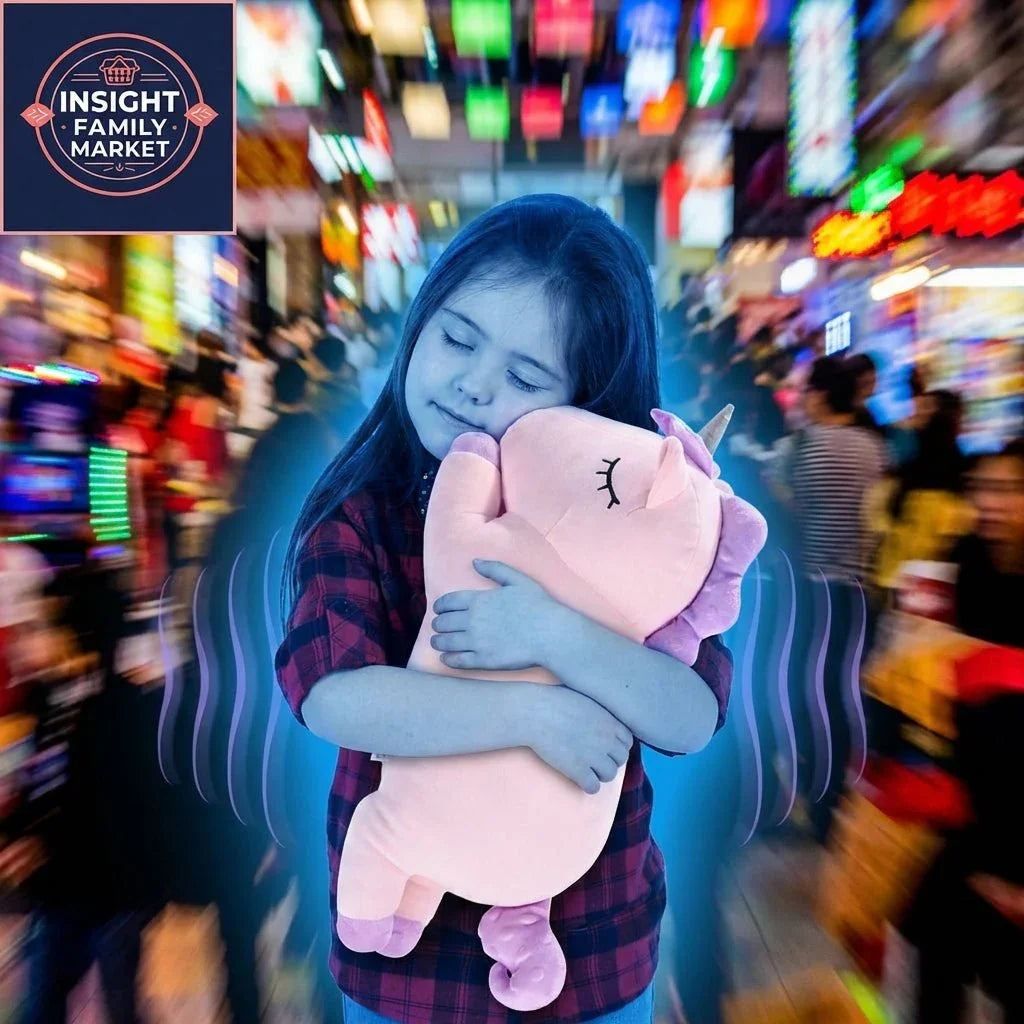 Child hugging soft unicorn pillow for sensory comfort amid busy, colorful background