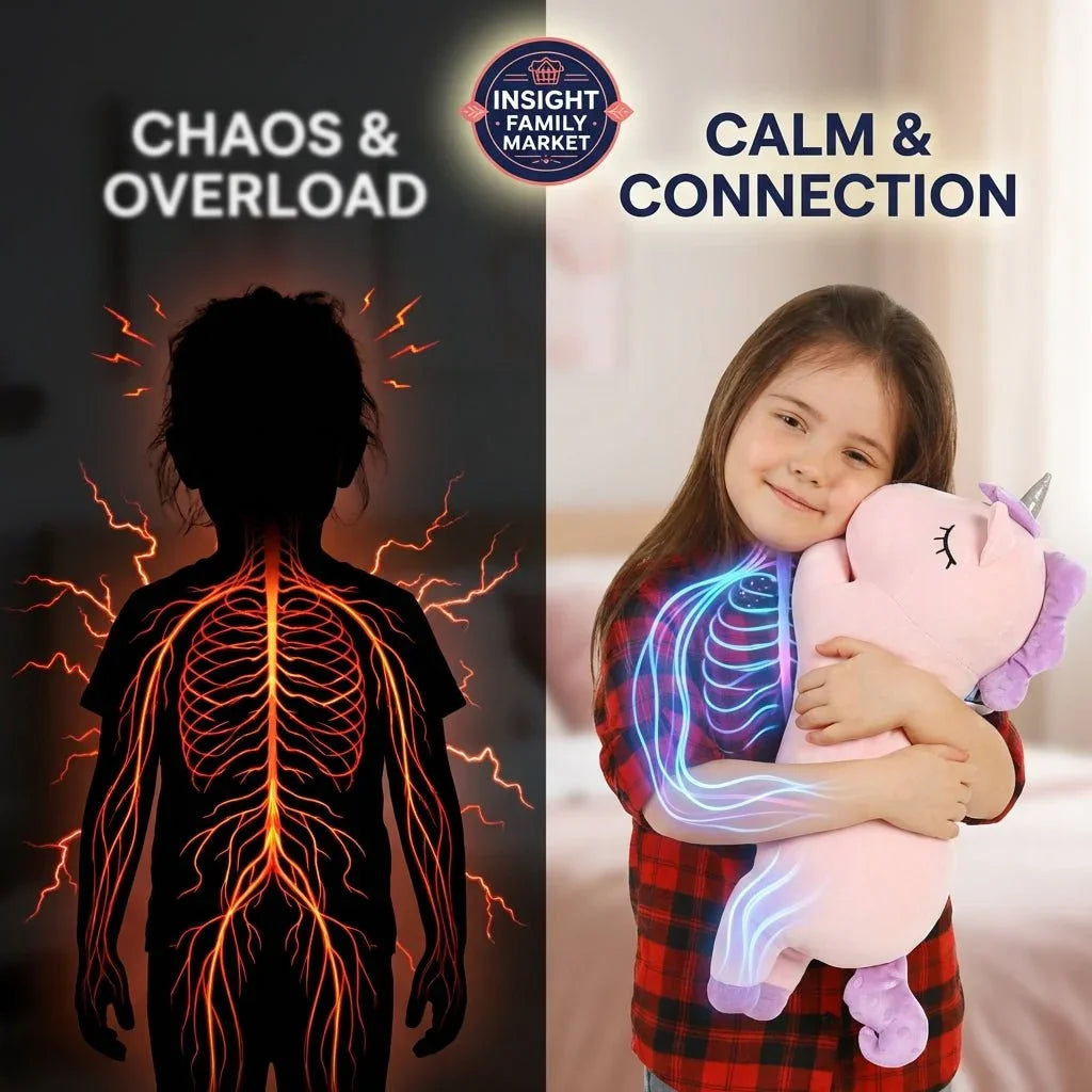 Child showing chaos and overload vs calm and connection with sensory unicorn plush