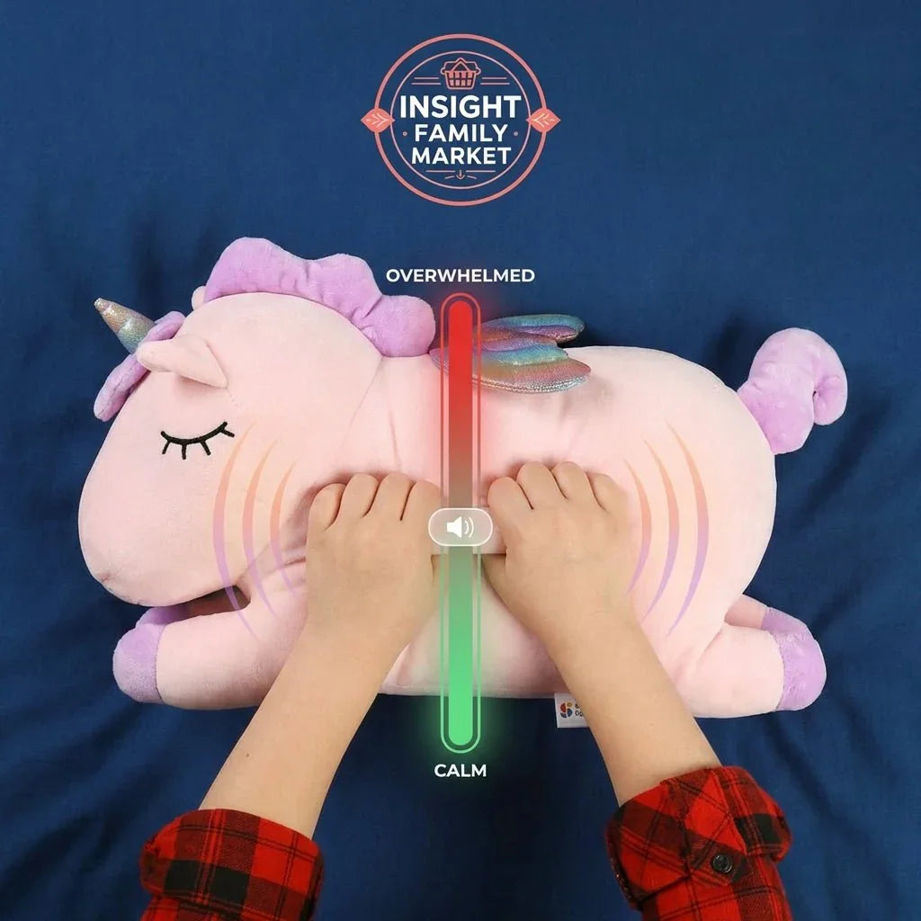 Child squeezing plush unicorn sensory pillow on blue background, calming visual scale shown.