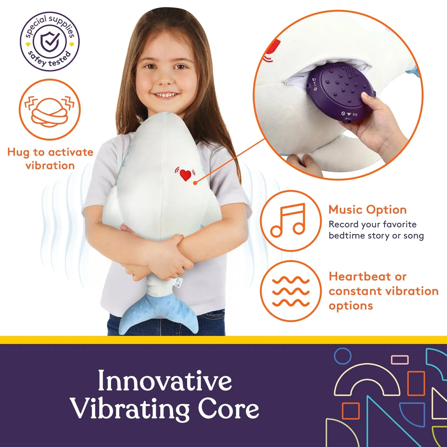 Child hugging a vibrating sensory plush shark toy for calming and sensory support
