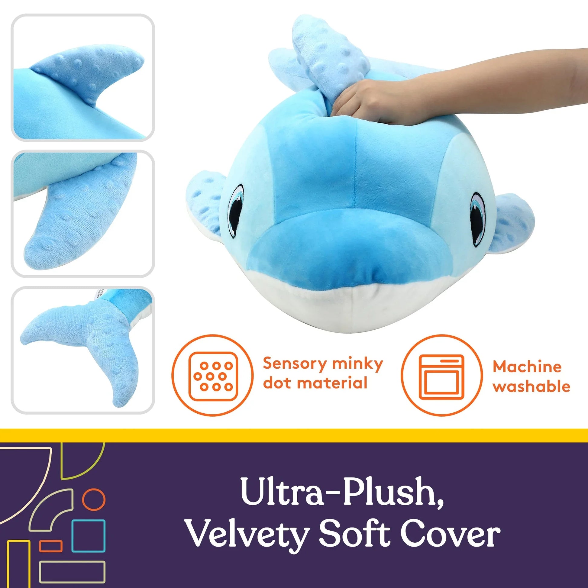 Blue sensory dolphin plush toy with minky dot texture, machine washable, ultra-soft cover