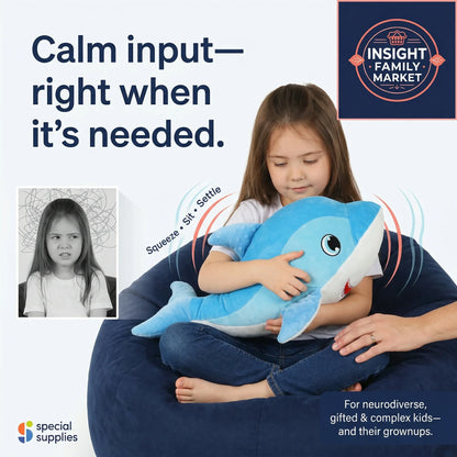 Child holding a blue plush toy with text about calm input for neurodiverse children.